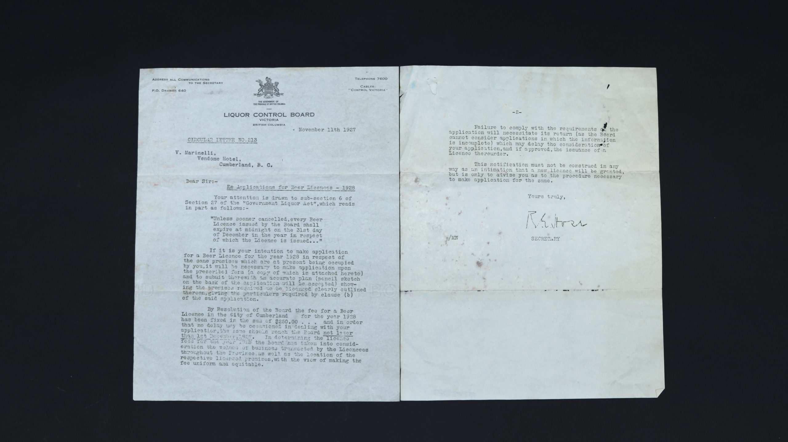 Letter to V. Marinelli of Vendome Hotel Regarding Beer Licenses, 1927